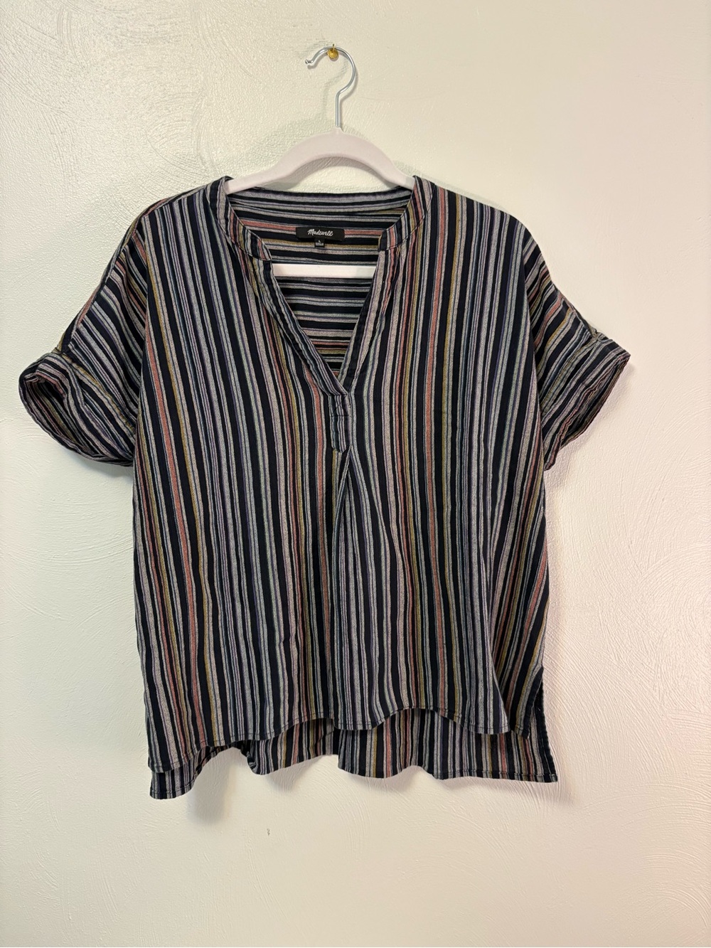 Madewell Navy & Multi-Stripe Short Sleeve V-Neck Tunic Top